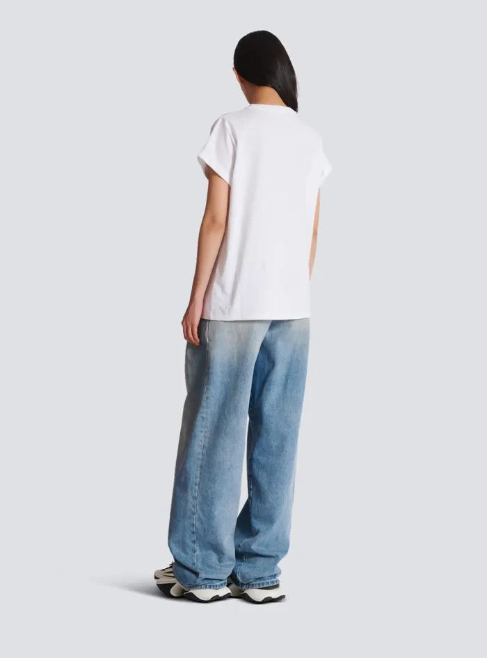 Tshirt With Gingham Paris Lettering White Women Balmain TShirts