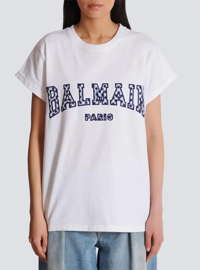 Tshirt With Gingham Paris Lettering White Women Balmain TShirts