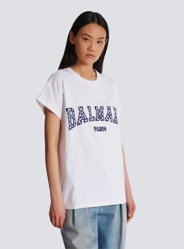Tshirt With Gingham Paris Lettering White Women Balmain TShirts