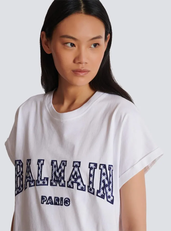 Tshirt With Gingham Paris Lettering White Women Balmain TShirts