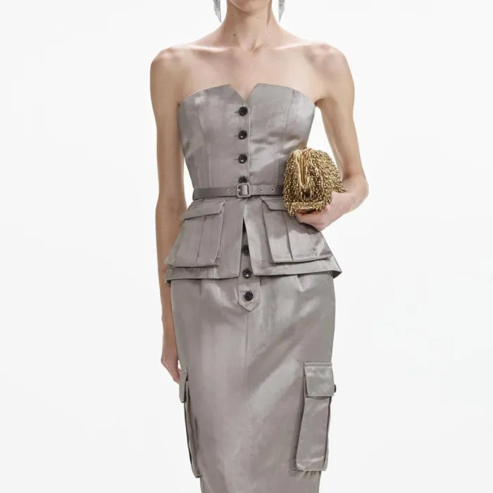 Taupe Satin Corset Top Women Self Portrait Tops