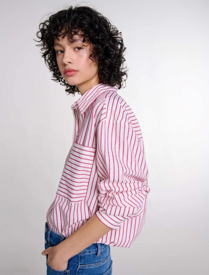 Tops and Shirts Women Maje Striped Rhinestone Shirt Red Rhinestone Stripe