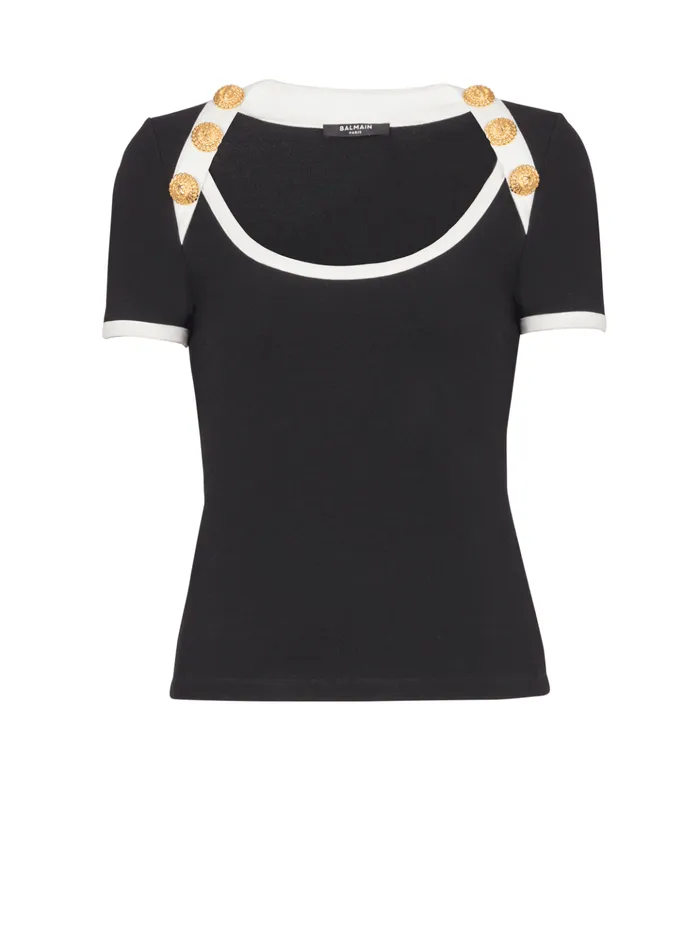 Twotone Tshirt With Button Details Black Women Balmain TShirts