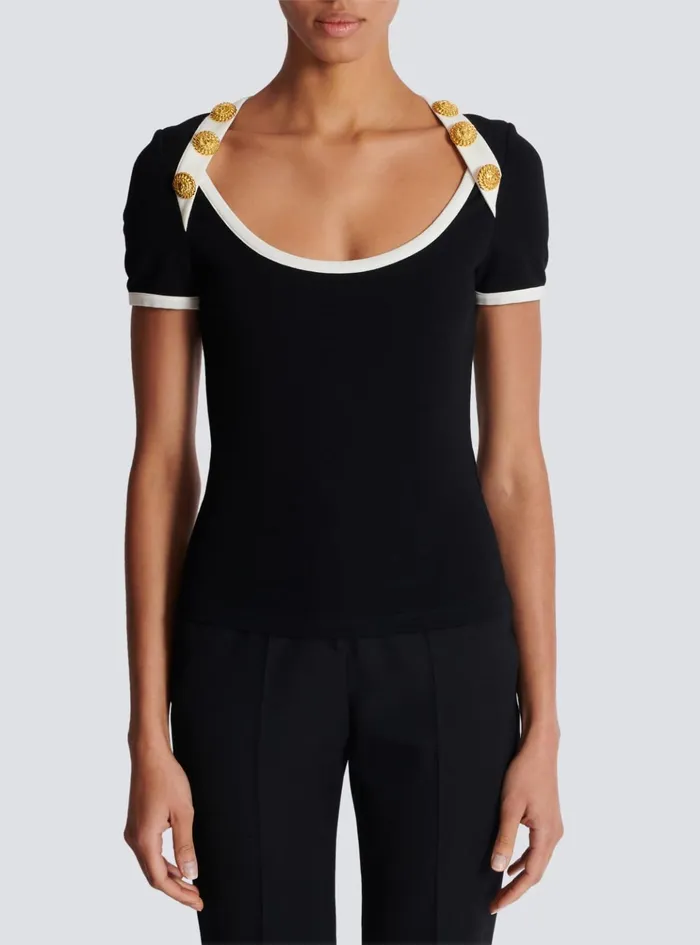 Twotone Tshirt With Button Details Black Women Balmain TShirts