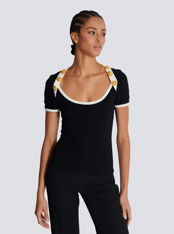 Twotone Tshirt With Button Details Black Women Balmain TShirts