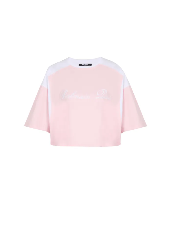 Twotone Tshirt With Signature Embroidery Pink Women Balmain TShirts