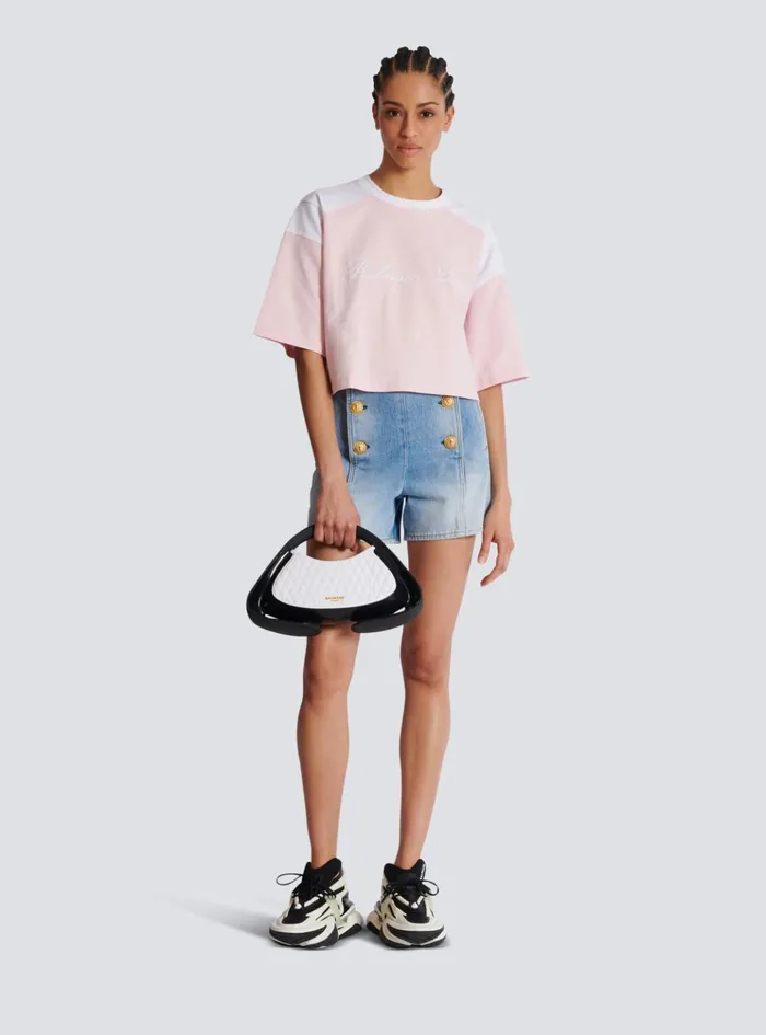 Twotone Tshirt With Signature Embroidery Pink Women Balmain TShirts