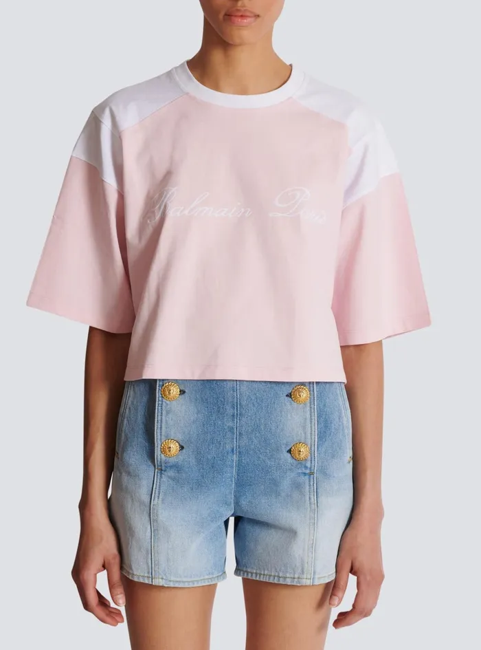 Twotone Tshirt With Signature Embroidery Pink Women Balmain TShirts