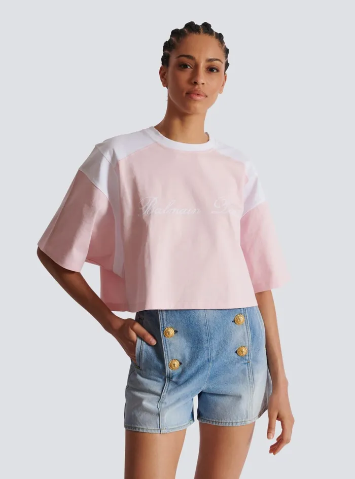 Twotone Tshirt With Signature Embroidery Pink Women Balmain TShirts