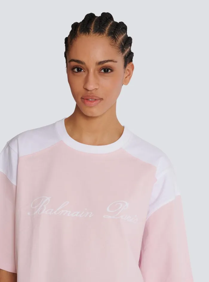 Twotone Tshirt With Signature Embroidery Pink Women Balmain TShirts