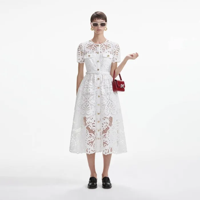 White Cotton Lace Button Midi Dress Women Self Portrait Dresses