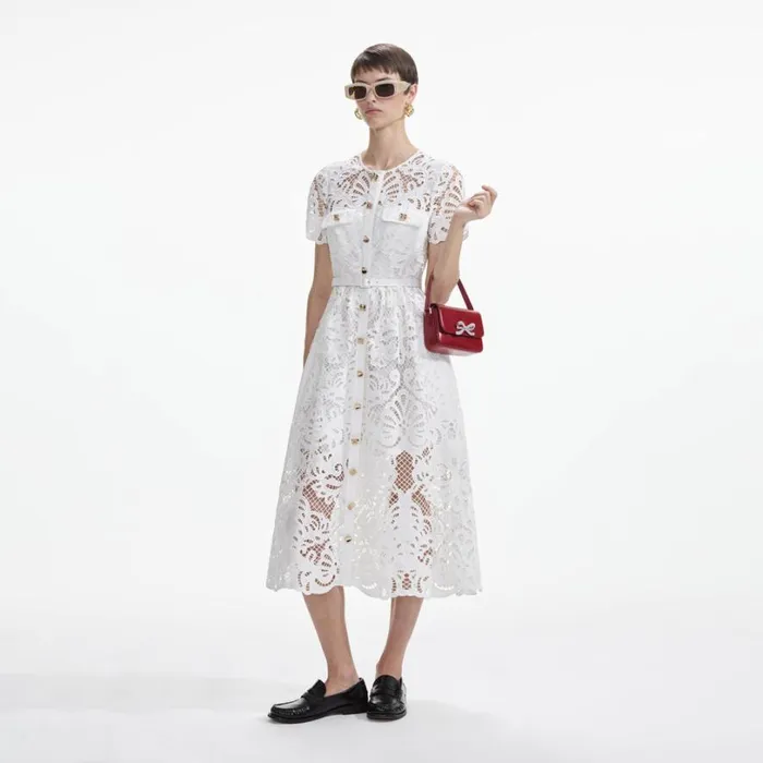 White Cotton Lace Button Midi Dress Women Self Portrait Dresses
