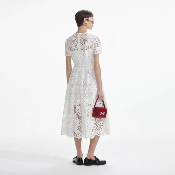 White Cotton Lace Button Midi Dress Women Self Portrait Dresses