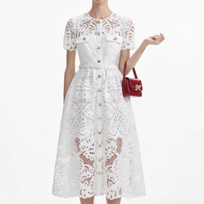 White Cotton Lace Button Midi Dress Women Self Portrait Dresses