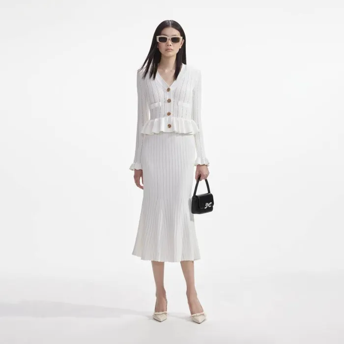 White Knit Peplum Midi Dress Women Self Portrait Dresses