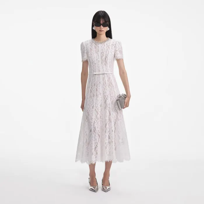 White Sequin Lace Midi Dress Women Self Portrait Dresses