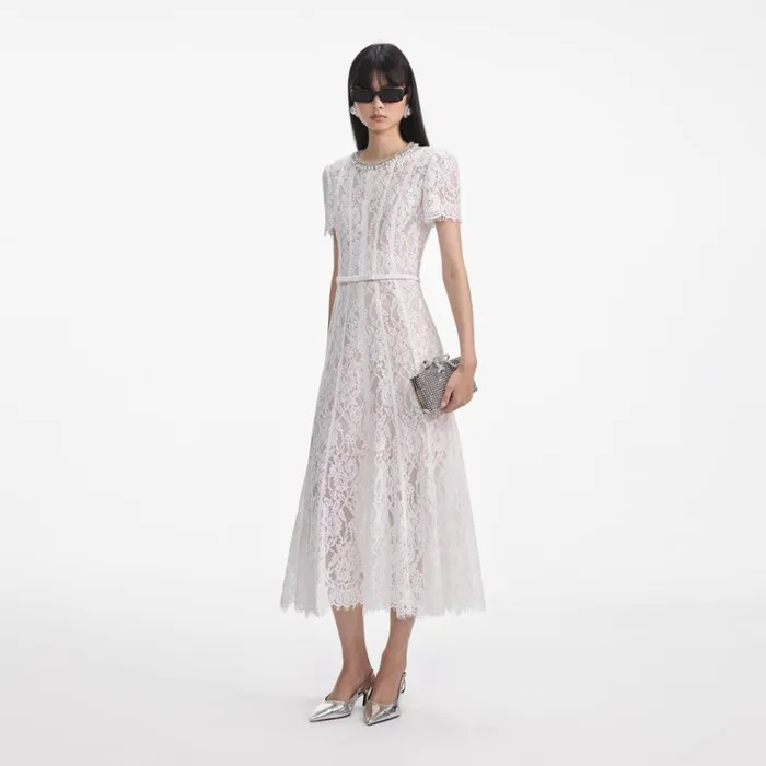 White Sequin Lace Midi Dress Women Self Portrait Dresses
