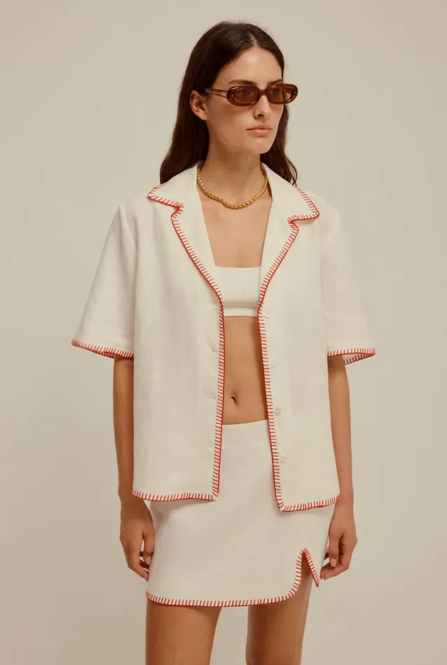 Woman Venroy Shirts Blanket Stitch Linen Shirt