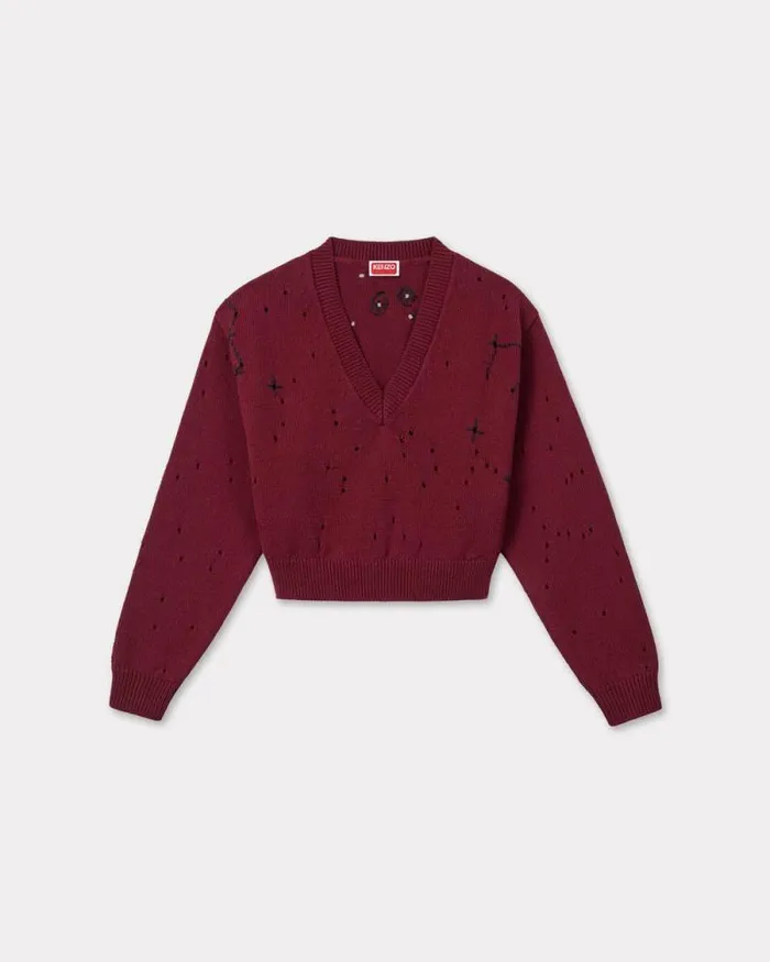 Women 039KENZO Constellation039 Embroidered Cropped Jumper Bordeaux Kenzo Sweaters And Cardigans
