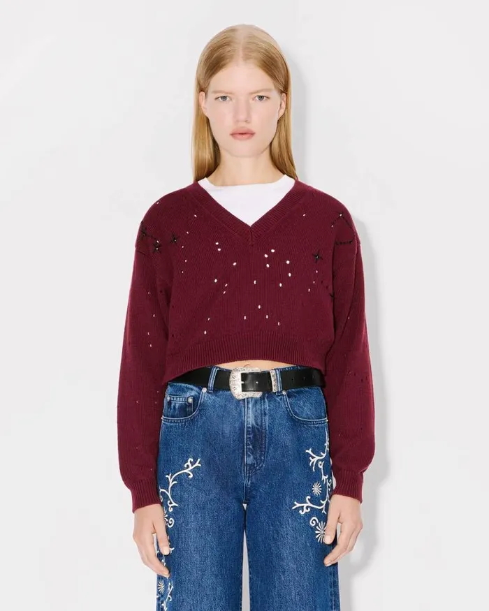 Women 039KENZO Constellation039 Embroidered Cropped Jumper Bordeaux Kenzo Sweaters And Cardigans