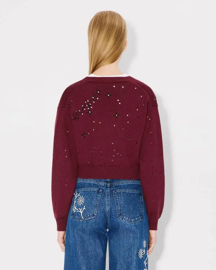 Women 039KENZO Constellation039 Embroidered Cropped Jumper Bordeaux Kenzo Sweaters And Cardigans