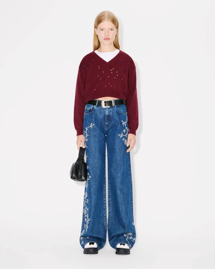 Women 039KENZO Constellation039 Embroidered Cropped Jumper Bordeaux Kenzo Sweaters And Cardigans