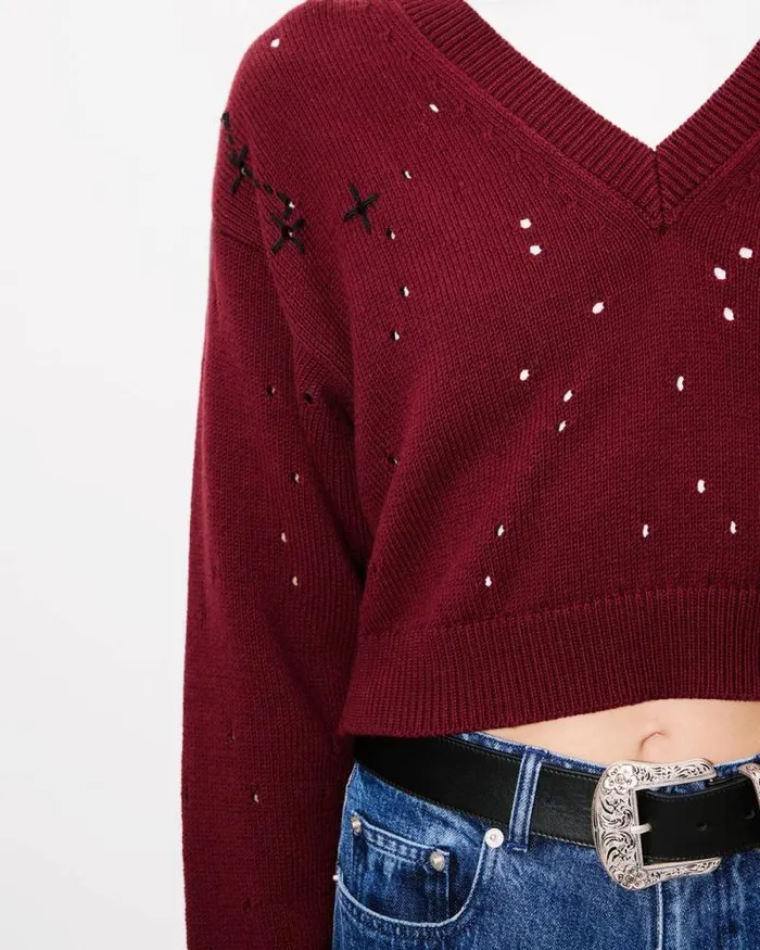 Women 039KENZO Constellation039 Embroidered Cropped Jumper Bordeaux Kenzo Sweaters And Cardigans