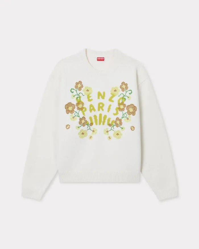 Women 039KENZO Jungle Flower039 Embroidered Wool Jumper Off White Kenzo Sweaters And Cardigans