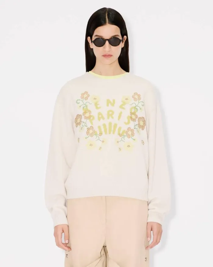 Women 039KENZO Jungle Flower039 Embroidered Wool Jumper Off White Kenzo Sweaters And Cardigans