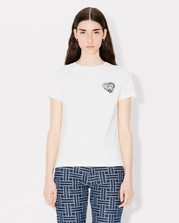 Women 039KENZO Jungle Heart039 Embroidered Tshirt In Cotton Off White Kenzo Tshirts And Polos