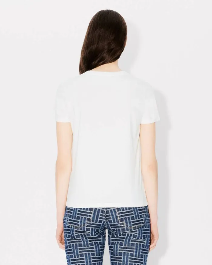 Women 039KENZO Jungle Heart039 Embroidered Tshirt In Cotton Off White Kenzo Tshirts And Polos