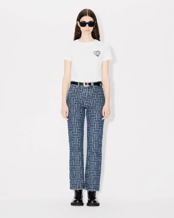 Women 039KENZO Jungle Heart039 Embroidered Tshirt In Cotton Off White Kenzo Tshirts And Polos
