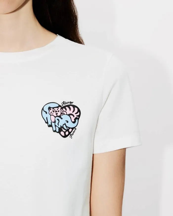 Women 039KENZO Jungle Heart039 Embroidered Tshirt In Cotton Off White Kenzo Tshirts And Polos