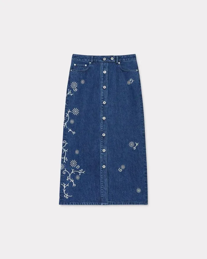 Women 039KENZO Marguerite039 Embroidered Long Skirt In Japanese Denim Medium Stone Blue Denim Kenzo Dresses And Skirts