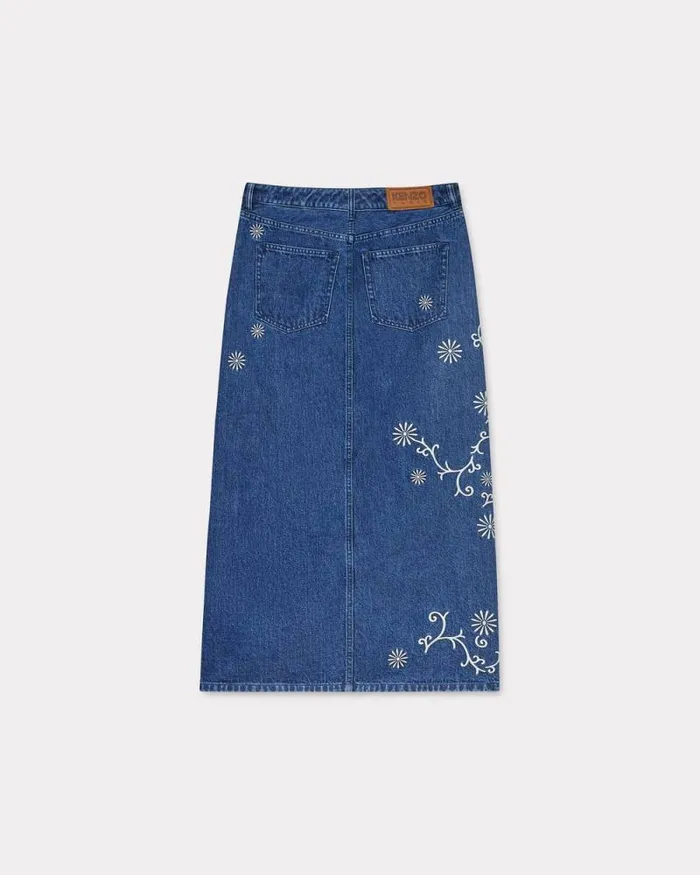 Women 039KENZO Marguerite039 Embroidered Long Skirt In Japanese Denim Medium Stone Blue Denim Kenzo Dresses And Skirts