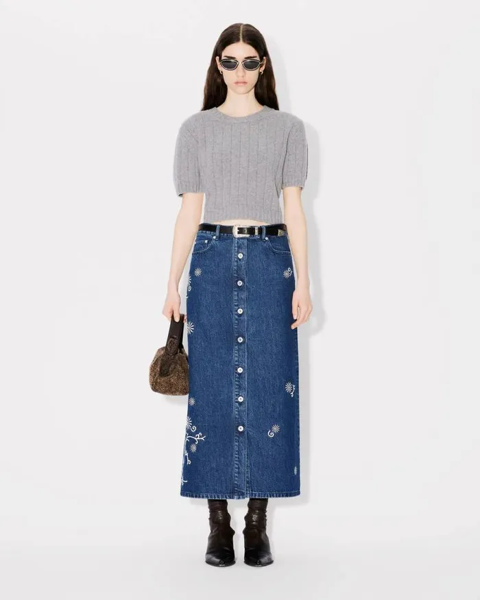 Women 039KENZO Marguerite039 Embroidered Long Skirt In Japanese Denim Medium Stone Blue Denim Kenzo Dresses And Skirts