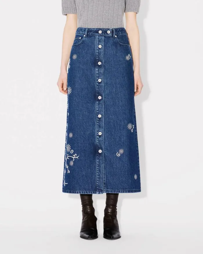 Women 039KENZO Marguerite039 Embroidered Long Skirt In Japanese Denim Medium Stone Blue Denim Kenzo Dresses And Skirts