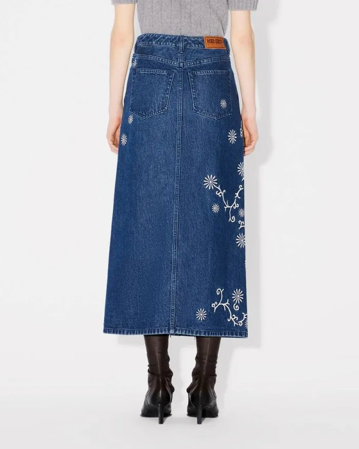 Women 039KENZO Marguerite039 Embroidered Long Skirt In Japanese Denim Medium Stone Blue Denim Kenzo Dresses And Skirts