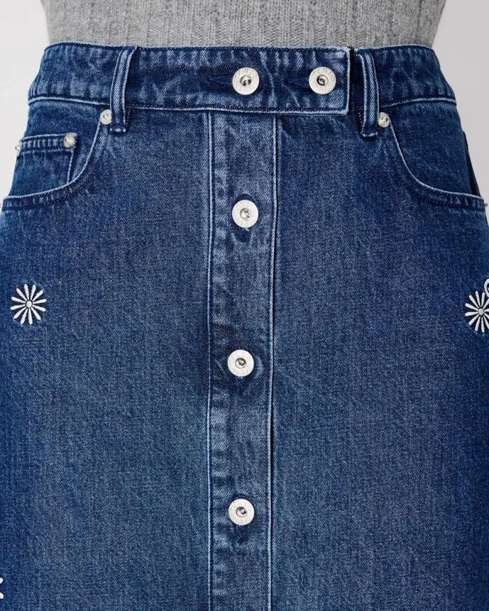 Women 039KENZO Marguerite039 Embroidered Long Skirt In Japanese Denim Medium Stone Blue Denim Kenzo Dresses And Skirts