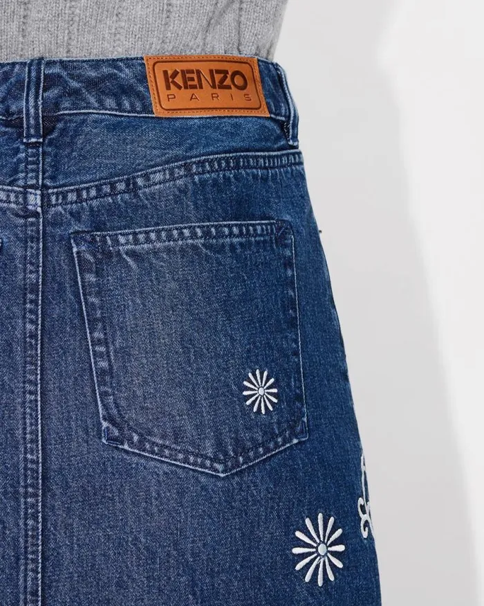 Women 039KENZO Marguerite039 Embroidered Long Skirt In Japanese Denim Medium Stone Blue Denim Kenzo Dresses And Skirts