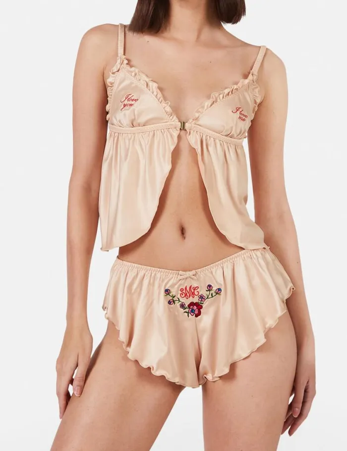 Women 039Love You039 Embroidery Satin Flounce Sleep Shorts Champagne Stella McCartney Lingerie And Sleepwear Women 039Love You039 Embroidery Satin Flounce Sleep Shorts Champagne Stella McCartney Lingerie And Sleepwear