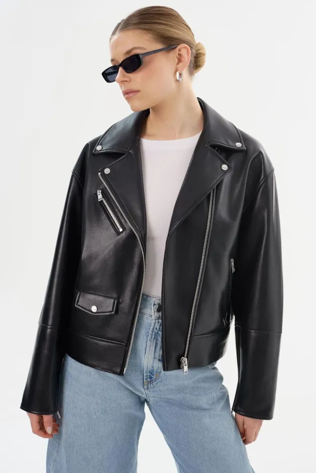Women ANDRADE Recycled Leather Biker Jacket Black LAMARQUE Leather Jackets