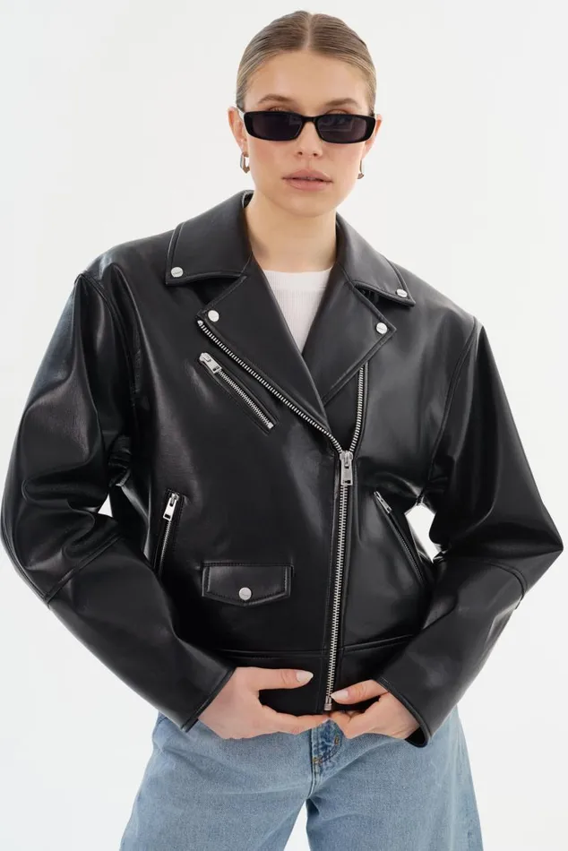 Women ANDRADE Recycled Leather Biker Jacket Black LAMARQUE Leather Jackets