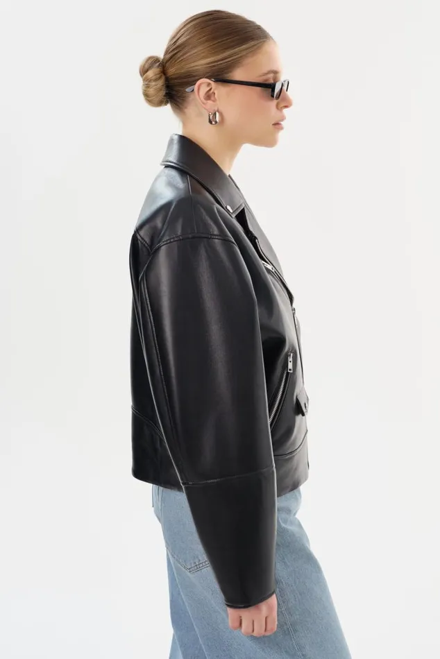 Women ANDRADE Recycled Leather Biker Jacket Black LAMARQUE Leather Jackets