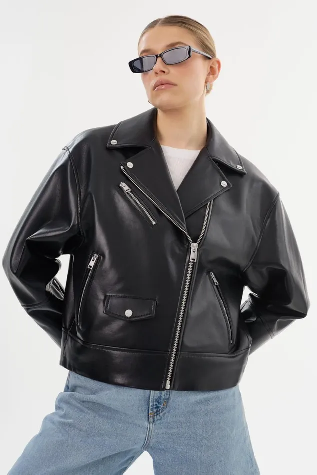 Women ANDRADE Recycled Leather Biker Jacket Black LAMARQUE Leather Jackets