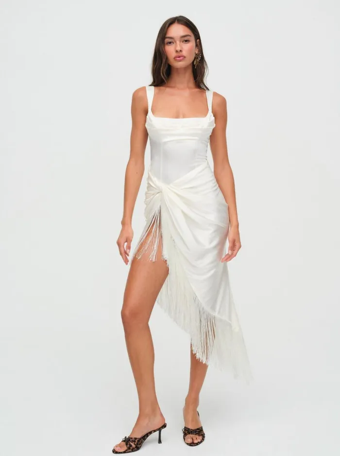Women Anisa Fringe Midi Dress Ivory For Love and Lemons Dresses