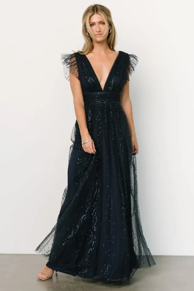 Women Annika Sequin Mesh Maxi Dress Navy Baltic Born Tulle Styles