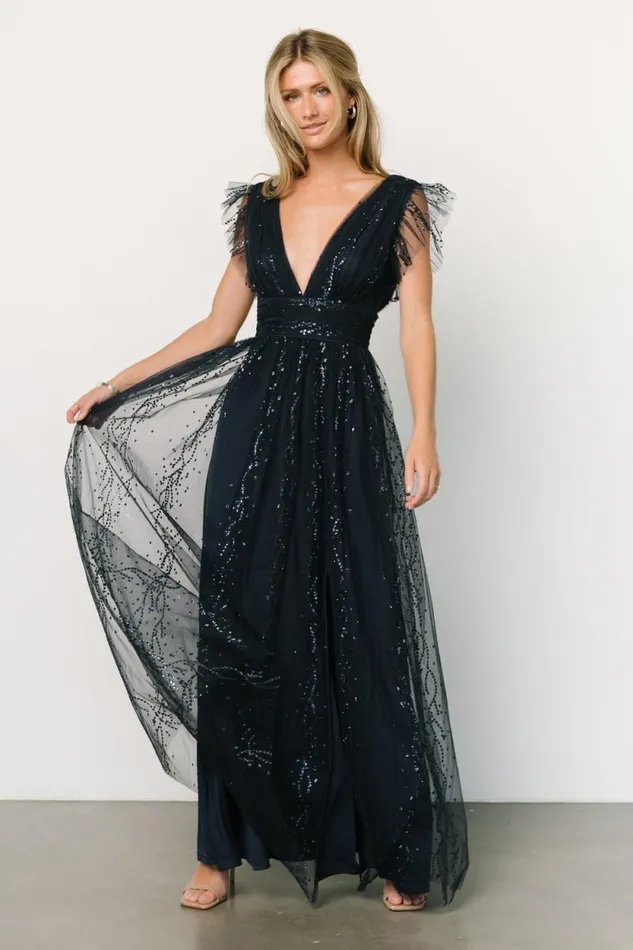 Women Annika Sequin Mesh Maxi Dress Navy Baltic Born Tulle Styles