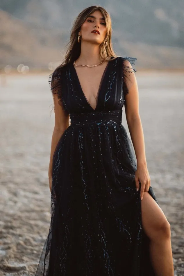 Women Annika Sequin Mesh Maxi Dress Navy Baltic Born Tulle Styles