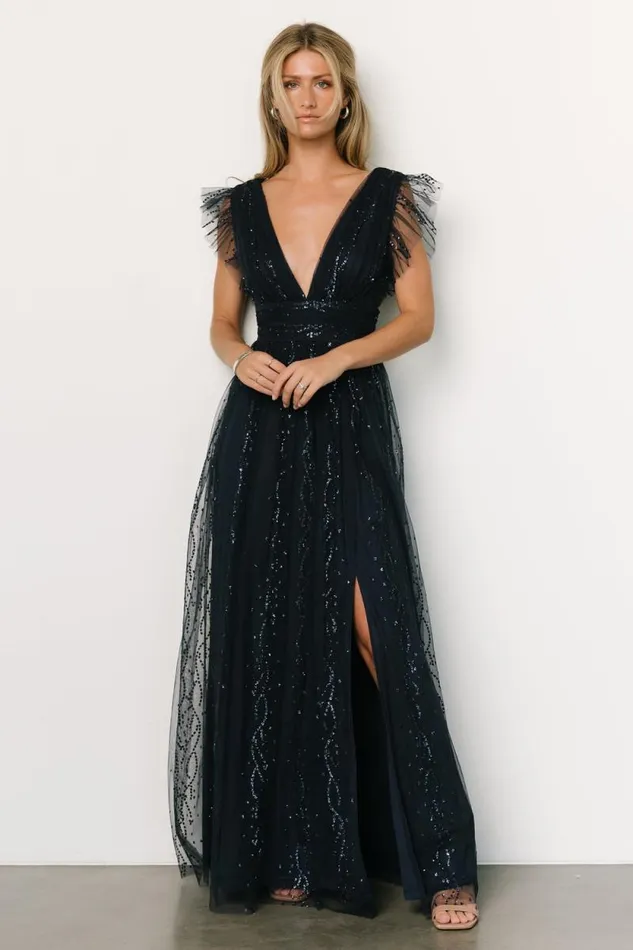 Women Annika Sequin Mesh Maxi Dress Navy Baltic Born Tulle Styles